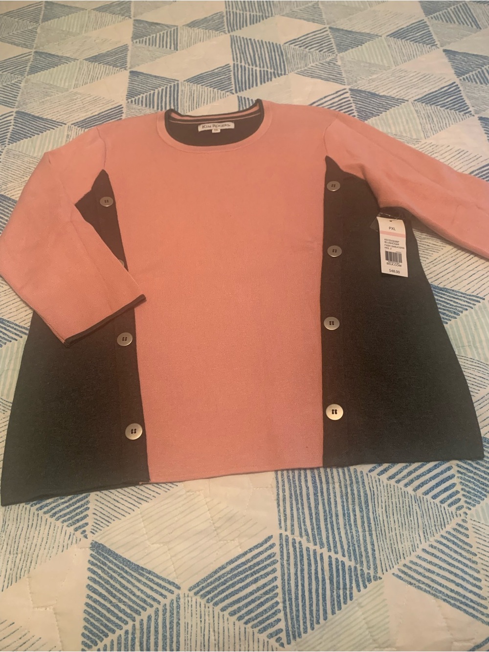 Kim Rogers Pink and Black Button-Trim Crewneck Sweater